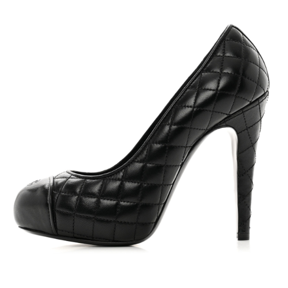 Chanel Quilted Leather Platform CC Logo Cap Toe Stilettos Heel Pumps Black EU 37